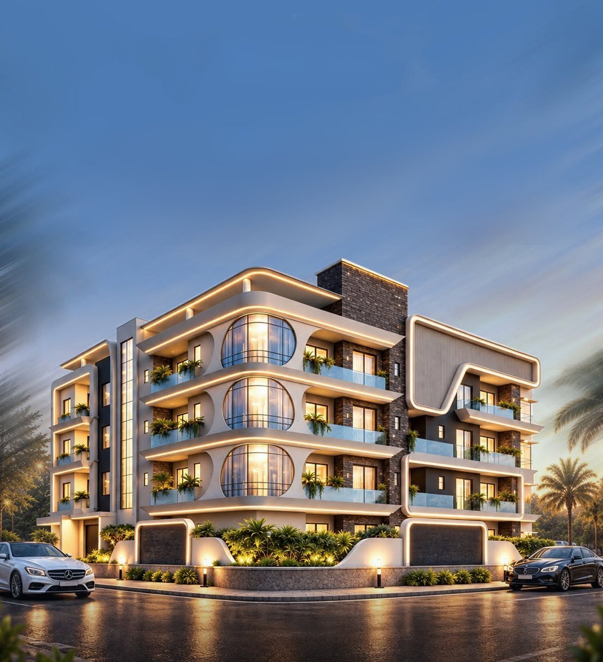 SK Residency by KM Builders, lit at dusk